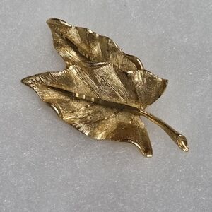 Vintage Gold Dual Leaf Brooch - Textured Metal Leaf Pin Signed BSK